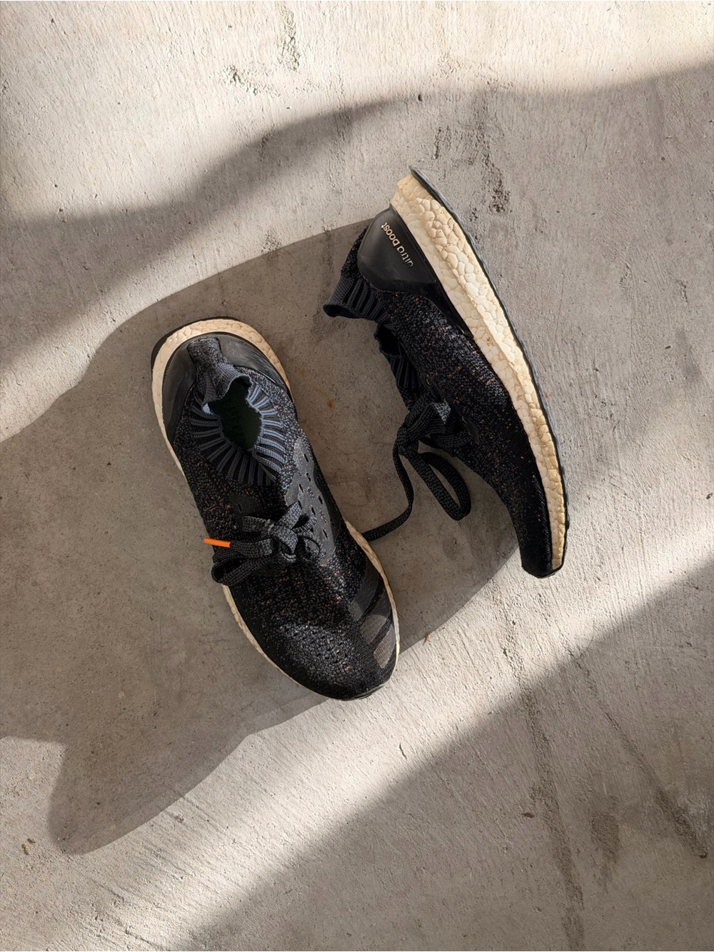 adidas Black Knit Slip-On Shoes with Brown Midsole and Orange Speckle